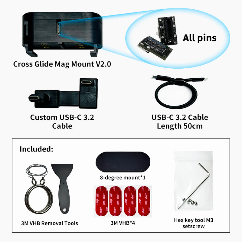 "Cross Glide Mag Mount" Magnetic Quick-Release Mount for Openpilot Comma3&3X - CNC Precision, Custom TYPE-C Cable, High-Performance Materials